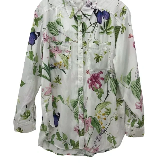 Anthropologie White and Purple Floral Silky Feel Top - Picture 3 of 5